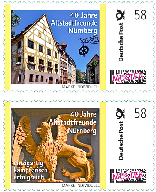 Im Jubiläumsjahr der Altstadtfreunde werden in diesem Jahr zwei Sonderbriefmarken herausgegeben, und zwar jeweils im Wert von 58 Cent: In kleiner Serie gibt es ab sofort eine Altstadtfreunde-Marke mit dem Bild des Dr.-Erich-Mulzer-Hauses in der Weißgerbergasse 10 und eine weitere mit dem Vorbild des Altstadtfreunde-Logos dem Greif in der Burgstraße. Wer die Marken haben möchte, muss ins ins Büro der Altstadtfreunde (geöffnet Dienstag und Freitag jeweils von 15 bis 18 Uhr) kommen, denn nur dort sind sie