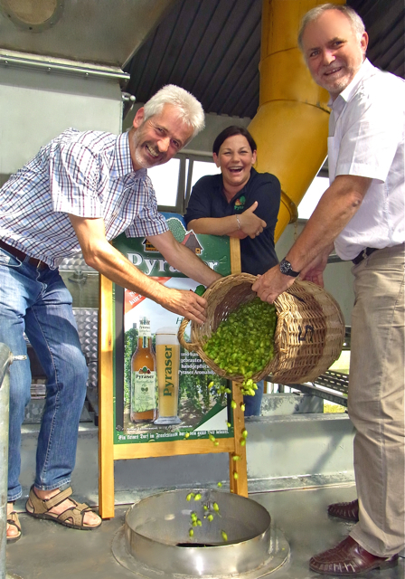 Gleich über zwei Vorderburschen, wie die Bräuknechte in Franken genannt werden, konnte sich unlängst Brauereichefin Marlies Bernreuther freuen: Zum Hilpoltsteiner Bürgermeister Markus Mahl (l.) gesellte sich als Überraschungsgast Landrat Herbert Eckstein (r.). Hand in Hand zugegeben kein allzu geläufiger Anblick dosierten beide in der Hitze der Sudpfanne die erste Hopfengabe für das Pyraser Hopfenpflückerpils. Die anschließende Brotzeit haben sie sich natürlich vorher schon beim Hopfenbloden verdien