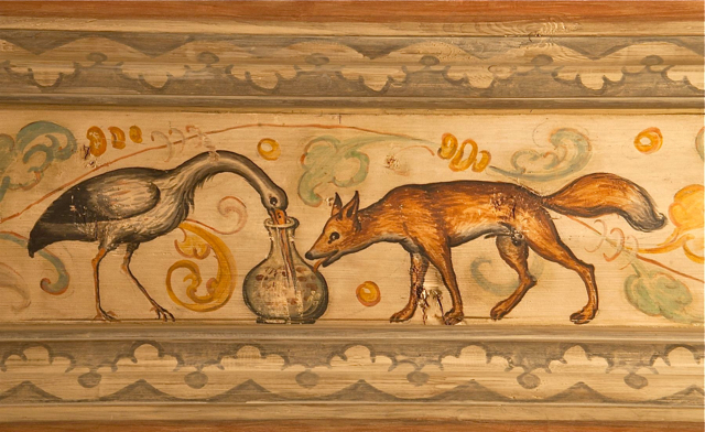 Der Fuchs und der Storch" nach einer Fabel von Aesop. Detail einer Holzdecke aus dem Fembohaus von 1617. Foto: Museen der Stadt Nürnberg, Stadtmuseum Fembohaus