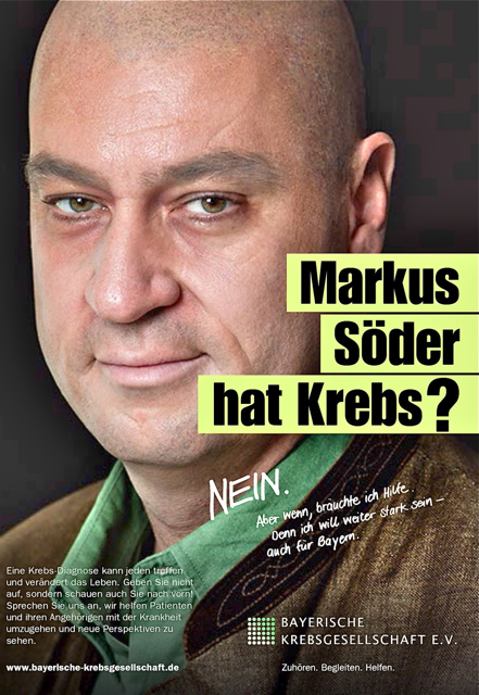Dr. Markus Söder stellt sich der Aktion für Krebspatienten zur Verfügung. Die Bayerische Krebsgesellschaft e.V. hilft seit 1925 Menschen mit Krebs und deren Angehörigen bei der Bewältigung der Krankheit. Foto: oh