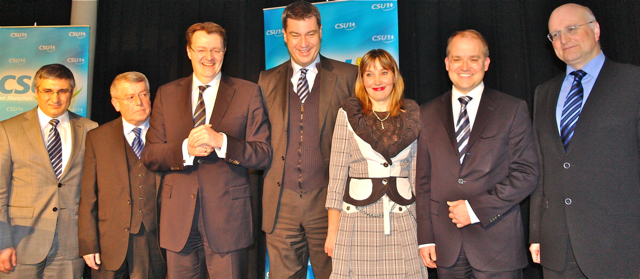 Freuen sich über die große Resonanz beim CSU-Integrationsempfang in der Villa Leon: Ismail Akpinar, der türkische Vizekonsul Mustafa Uludüz, MdB Michael Frieser, Staatsminister Markus Söder, Irina Fixel, CSU-Fraktionschef Sebastian Brehm und der russische Generalkonsul Andrey Grozow (v.l.n.r.). Foto: oh