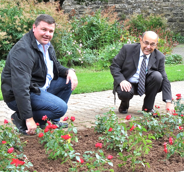 In der Von-Brun-Anlage und im Forchheimer Stadtpark (oberhalb vom Stadtweiher) wurden jetzt 730 rote und gelbe Rosen gepflanzt. Oberbürgermeister Franz Stumpf (r.) freut sich, dass die Farben der Stadt auch im Stadtpark blühen. Der Leiter des Gartenbauamtes, Herbert Fuchs (l.), konkretisiert: Wir haben 165 rote Rosen der Sorte Black Forest, 365 gelbe Solero und 200 rote Rotilia gepflanzt. Diese Rosen, so der Experte, seien besonders resistent gegen Mehltau und Sternrußtau und wurzelecht. Das bedeutet, si
