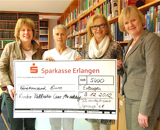 Die Pflegedienstleiterin der Kinderklinik, Helga Bieberstein (2.v.l.), nimmt den Spendenscheck von den IWC-Vertreterinnen Andrea Fischer (l.) und Hannelore Wallis (r.) sowie der Vorsitzenden von Tigerauge e.V., Dorothea Hobeck, entgegen. Foto: oh