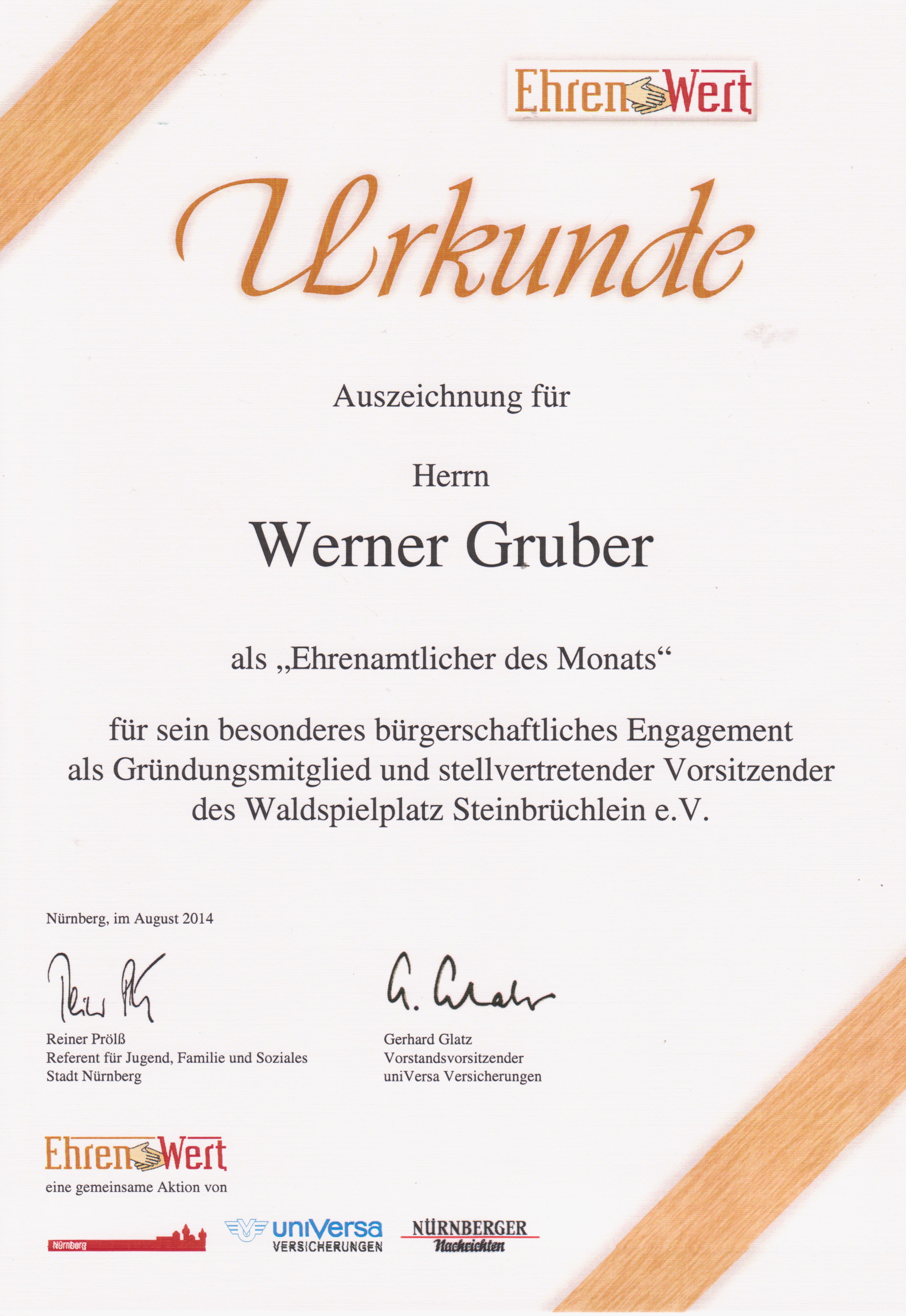 Ehrenurkunde der Stadt Nürnberg, uniVersa Versicherungen und Nürnberger Nachrichten zum 75. EhrenWert Preis im August 2014
