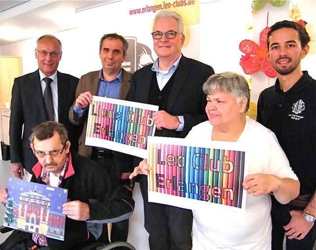 Freuen sich über den Erfolg von „Stifte stiften“: Lebenshilfe-Geschäftsführer Stefan Müller, Wohnstätten-Leiter Michael Vogel, Bewohner Horst Trebisch, Lions-Mitglied und Lebenshilfe-Vorsitzender Thomas Hofmann, Heidi Jany, Bewohnerin der Lebenshilfe, und Paul Walz, Präsident des Leo Clubs. Foto: oh