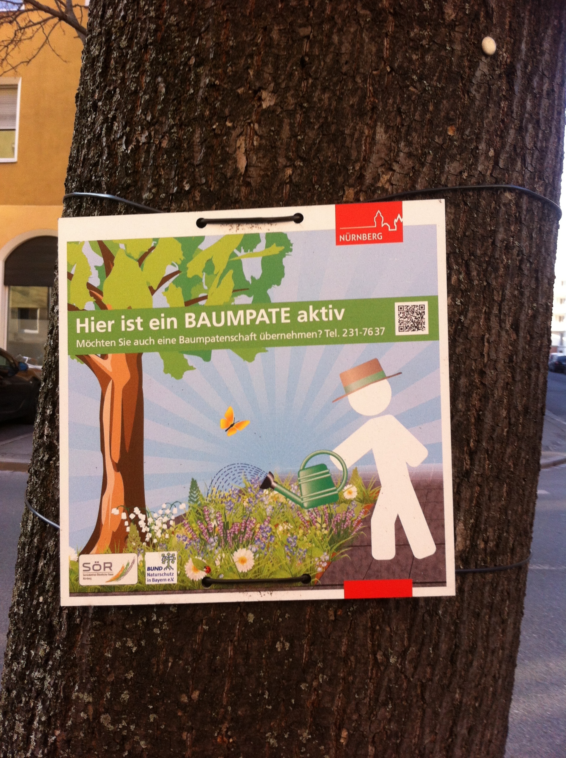 Mit speziellen Schildern wie hier in der Löbleinstraße / Ecke Berckhauserstraße macht Sör auf aktive Baumpatenschaften und gepflegte Baumscheiben aufmerksam und wirbt gleichzeitig um neue Baumpaten.