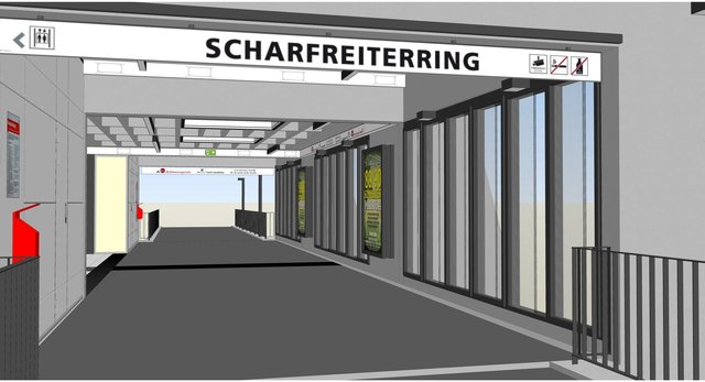 Entwurf für das künftige Erscheinungsbild: Scharfreiterring, Durchgang Glasfassade. | Foto: Agentur BahnStadt GbR