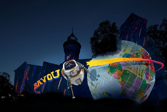 Simulation der diesjährigen Burgprojektion ,Blue Bayou" des Erlanger Künstlers Roger Libesch .