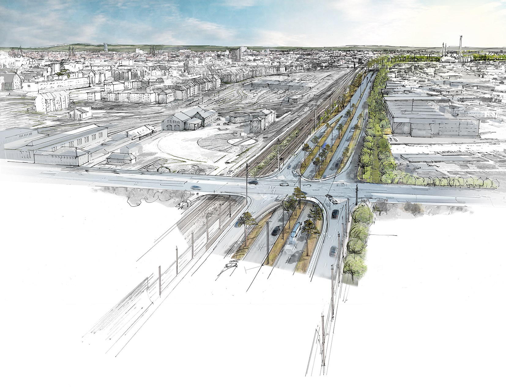 Zielperspektive 2 - Die Lücke: Zwischen Jansenbrücke und der Tunneleinfahrt liegt ein Teil des Frankenschnellwegs, der von den Baumaßnahmen nicht betroffen ist. Dennoch sollen sich auch hier die wiedererkennbaren Merkmale der Gestaltung wiederfinden. Auf der Nordseite werden Kiefern gepflanzt, die sich auch in der Dünenlandschaft danach wieder finden. Auf der Südseite werden Eichen und andere Bäume gepflanzt, wie entlang des ganzen ausgebauten Frankenschnellwegs.