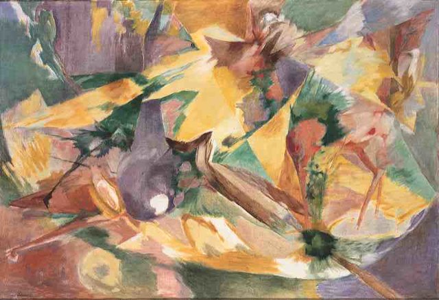 Werk aus der Ausstellung Ernst Weiers, Tiere im durchsonnten Wald, 1957, Öl auf Leinwand, 130 x 190 cm, Sammlung Faber-Castell.