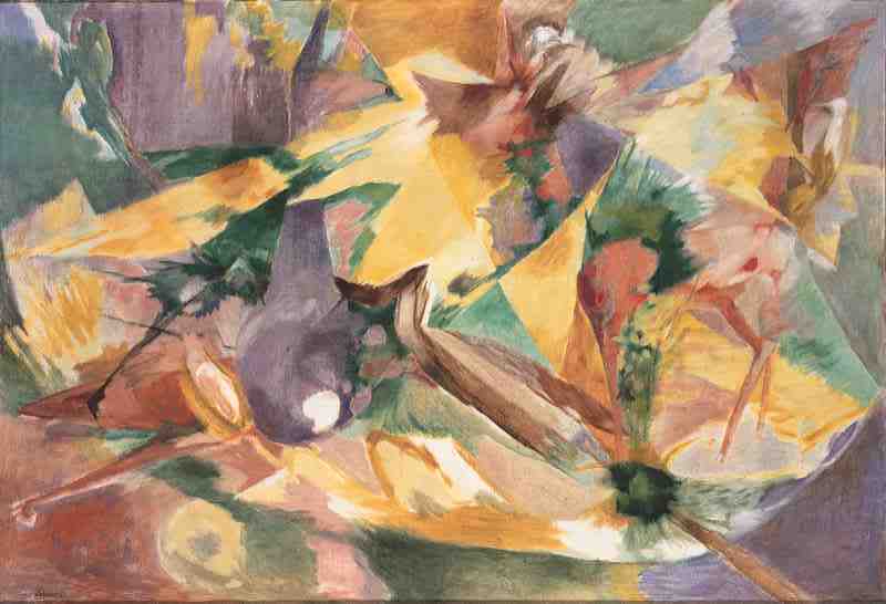 Werk aus der Ausstellung Ernst Weiers, Tiere im durchsonnten Wald, 1957, Öl auf Leinwand, 130 x 190 cm, Sammlung Faber-Castell.