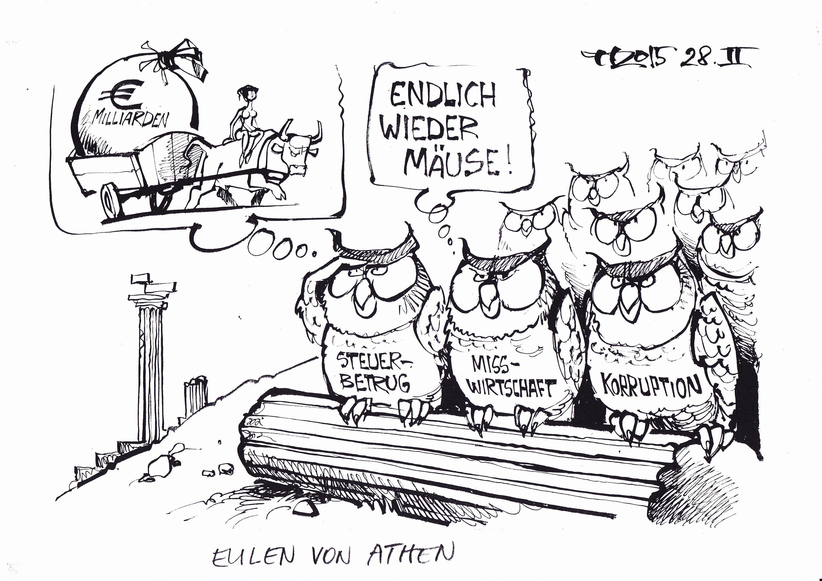 ,,Die Eulen von Athen", Karikatur von Horst Haitzinger - zu sehen in der Ausstellung im Museum Industriekultur Nürnberg.