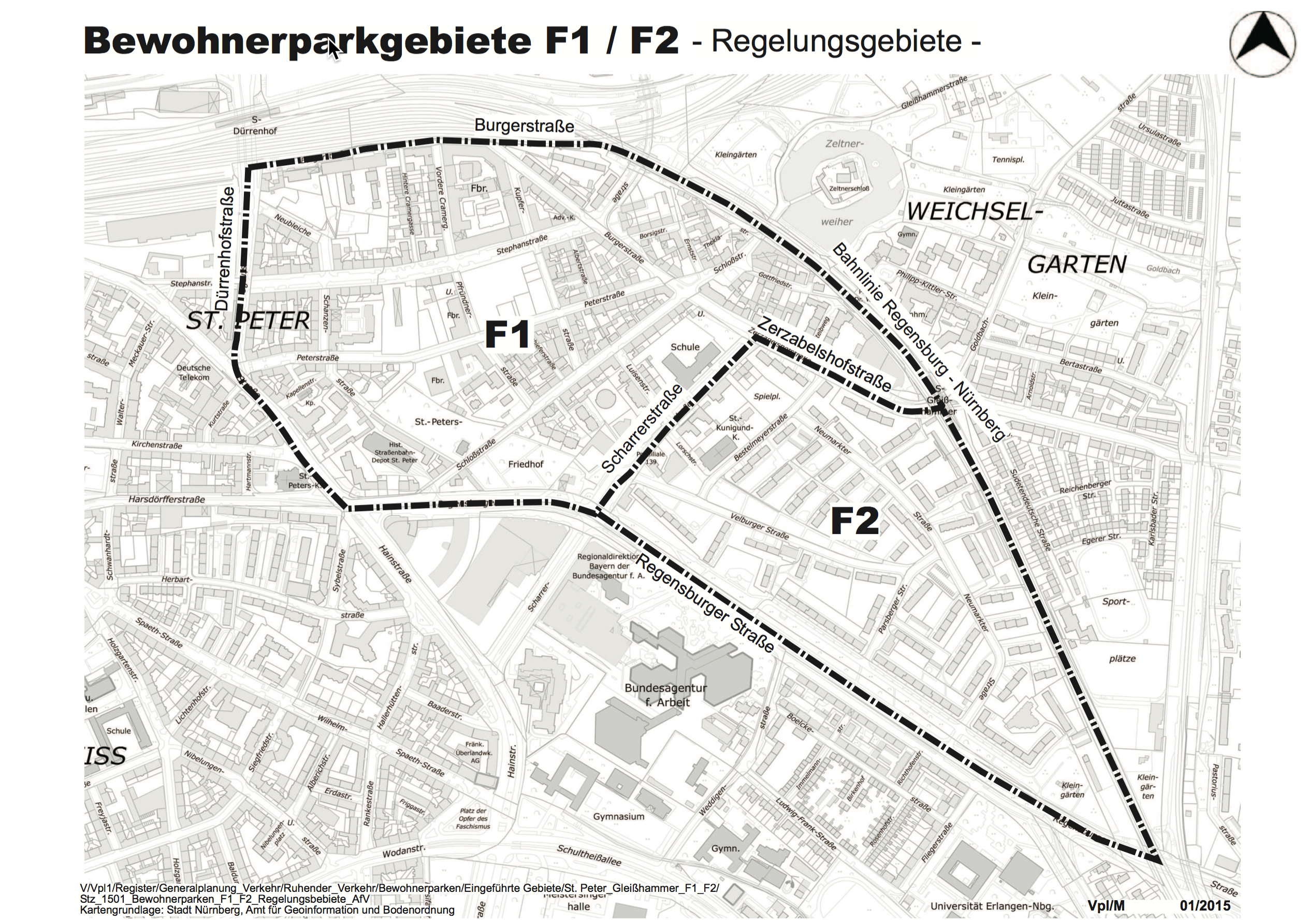 Plan der neuen Bewohnerparkgebiete F1 und F2 in St. Peter und Gleißhammer.