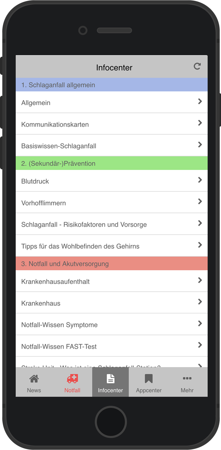 Infocenter der Schlaganfall-App.