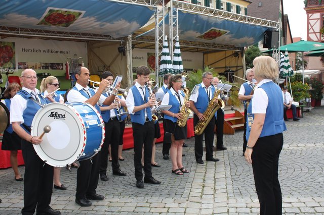 Die Musikerinnen und Musiker bei ihren Standkonzert vor der Bühne. | Foto: Victor Schlampp