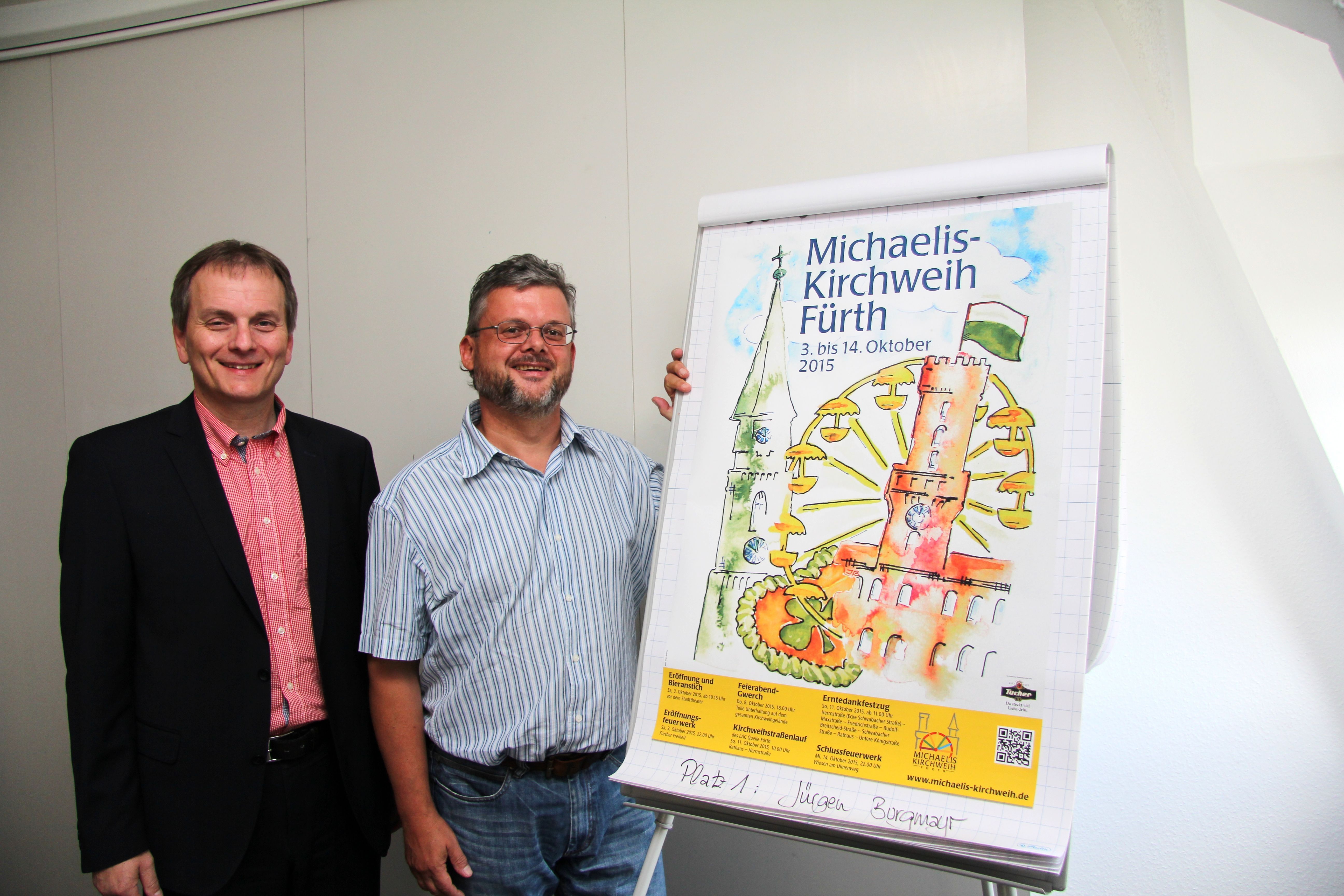 Wirtschaftsreferent Horst Müller (li.) beglückwünschte Jürgen Burgmayr zu seinem gelungenen Kärwa-Plakat.