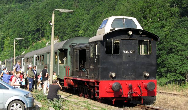 35 Jahre nach dem ersten öffentlichen Zug der Dampfbahn Fränkische Schweiz e.V. steht die 1940 gebaute Diesellok V36 123 am 9. August 2015 abfahrbereit vor dem Museumsbahnzug.