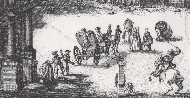 Die Bilder von Johann Adam Delsenbach sind voller Details aus dem barocken Straßenleben: „Popoklatscher“ am Egidienberg. Quelle: Delsenbach, Johann Adam: Nürnbergische Prospecten (Vues de Nuremberg) gezeichnet und in Kupfer gebracht, München 1986.