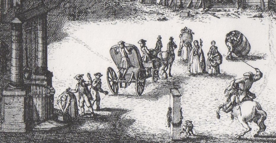 Die Bilder von Johann Adam Delsenbach sind voller Details aus dem barocken Straßenleben: „Popoklatscher“ am Egidienberg. Quelle: Delsenbach, Johann Adam: Nürnbergische Prospecten (Vues de Nuremberg) gezeichnet und in Kupfer gebracht, München 1986.