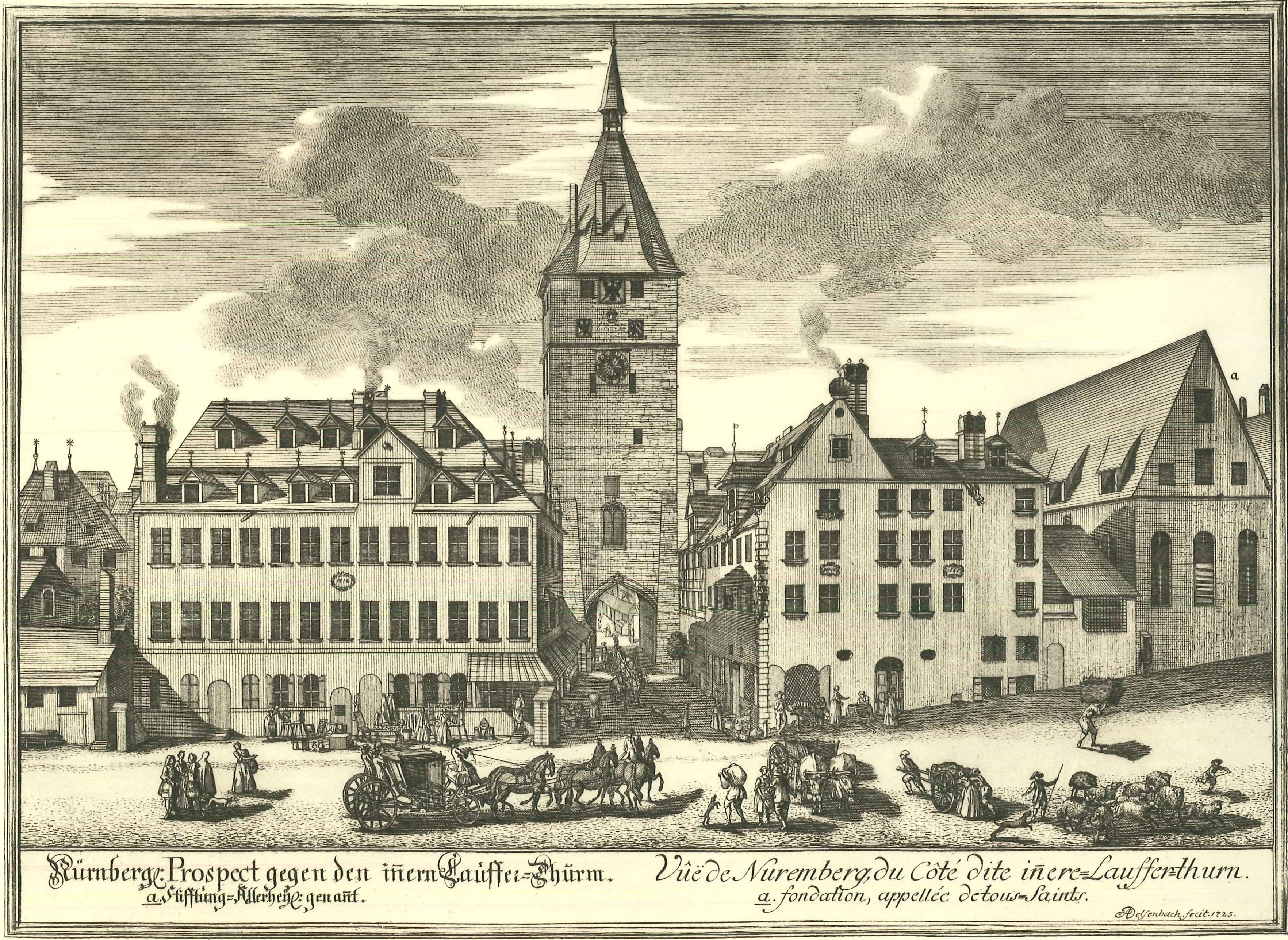 Delsenbachs Kupferstiche zeigen Nürnberg, wie es um 1720 war: hier den Verkehr am Laufer Schlagturm. Quelle: Delsenbach, Johann Adam: Nürnbergische Prospecten (Vues de Nuremberg) gezeichnet und in Kupfer gebracht, München 1986.