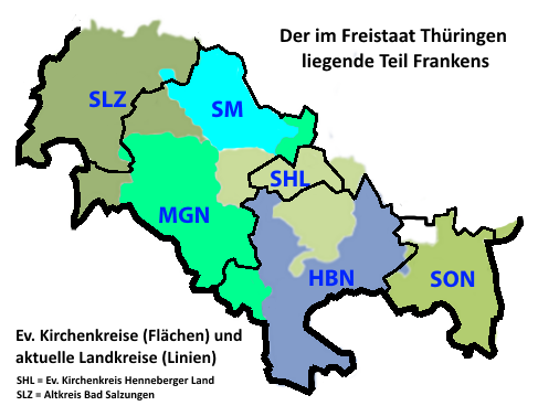 Kirchenkreise und Landkreise. Die Karte wurde erstellt vom Verein Henneberg-Itzgrund-Franken e.V.