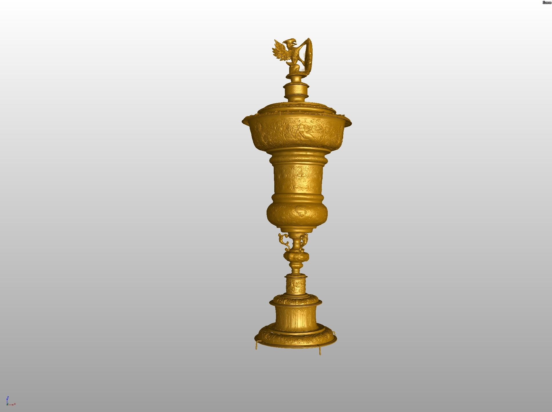 Der rund 58 Zentimeter hohe Pokal besteht aus vergoldetem Silber und ist mit zahlreichen Abbildungen graviert.