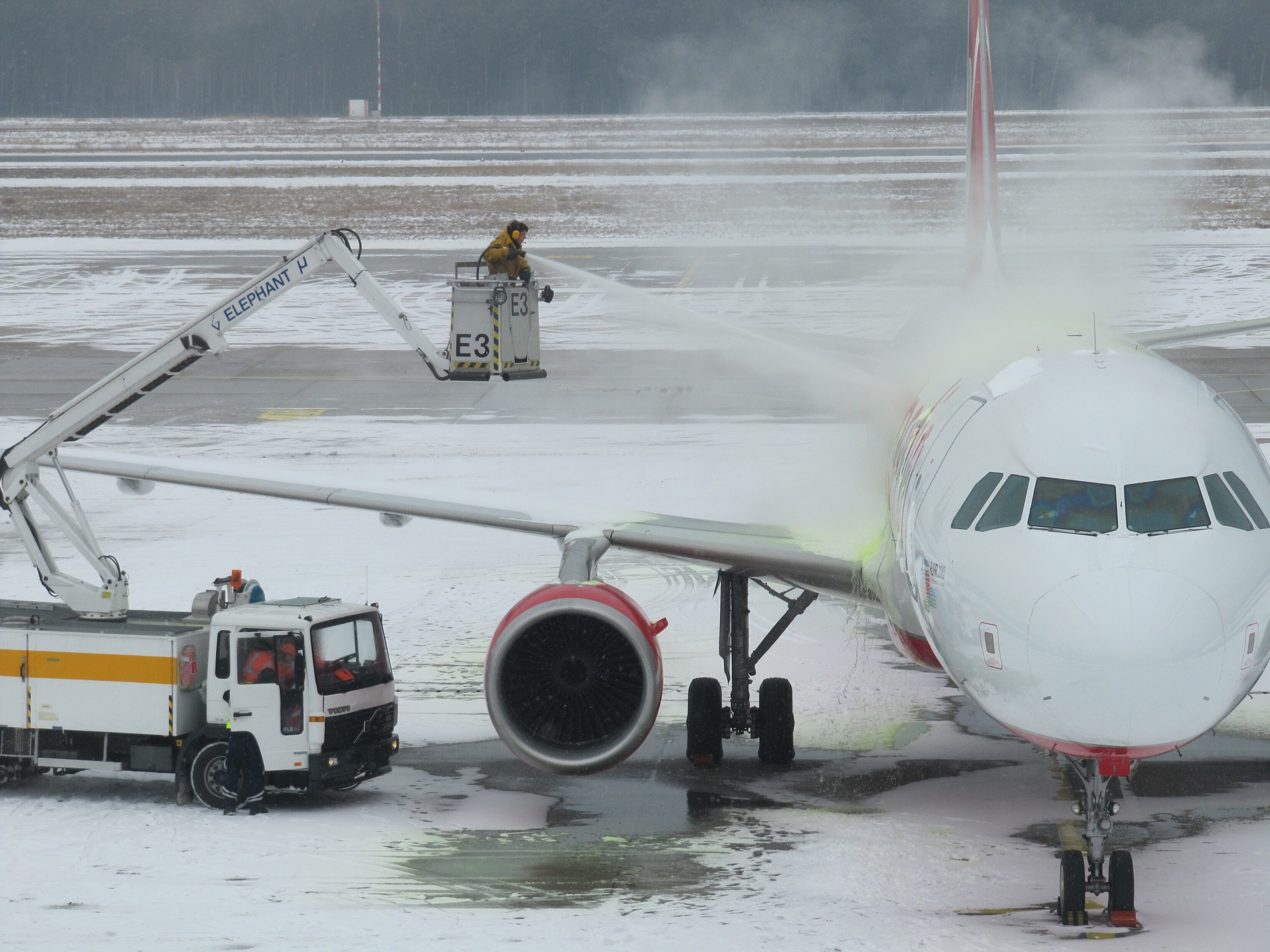 Flugzeugenteisung im Winter.