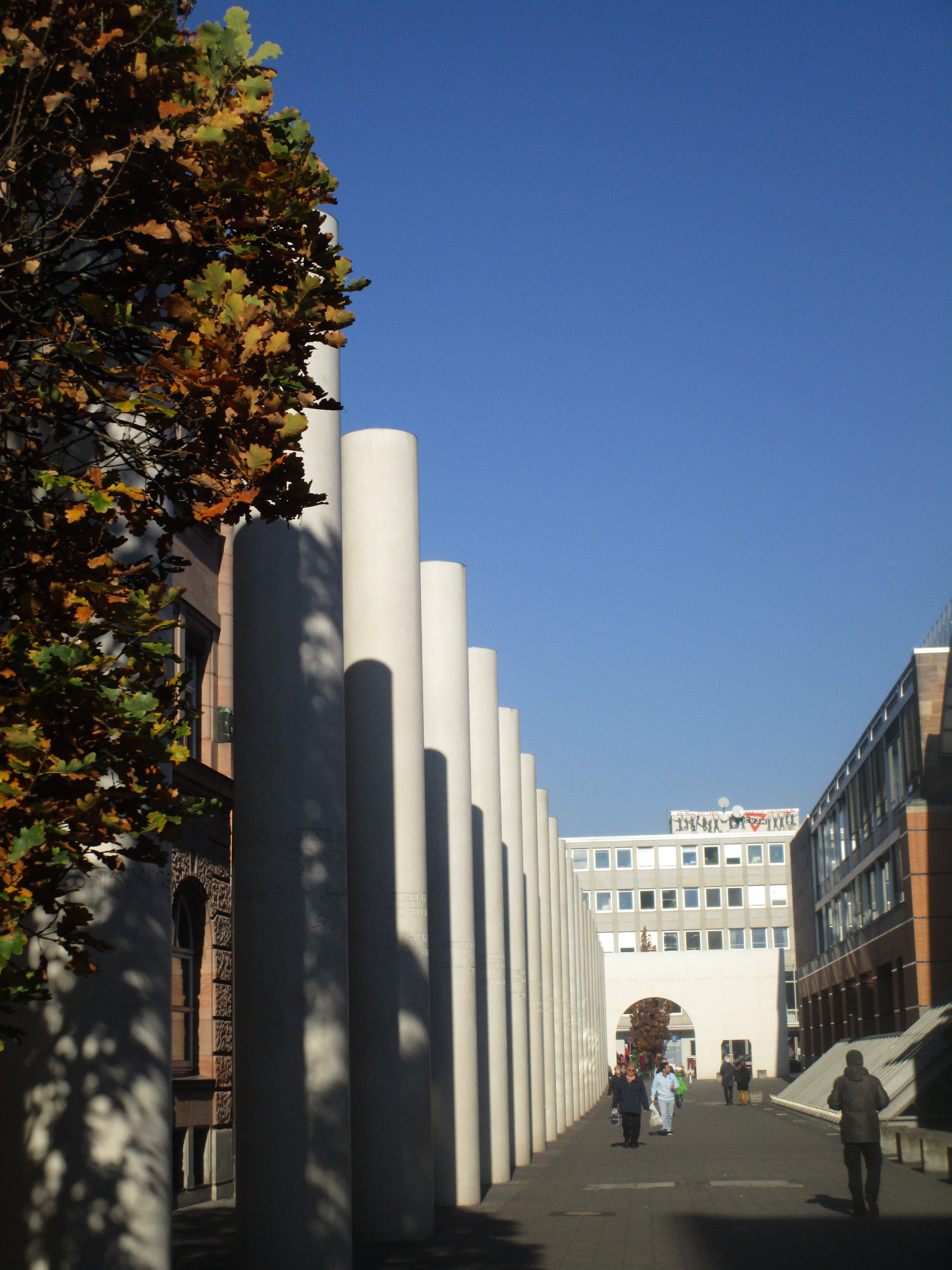 Die Straße der Menschenrechte mit dem lebendigen Baum im Herbstlaub