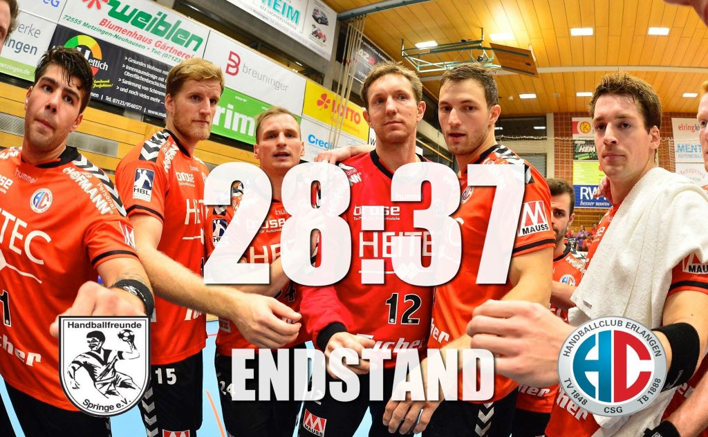 (Foto: HC Erlangen): Erleichterung beim HC Erlangen nach dem Sieg gegen Springe