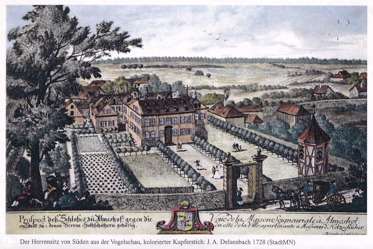 Herrensitz von Süden aus der Vogelschau, kolorierter Kupferstich.