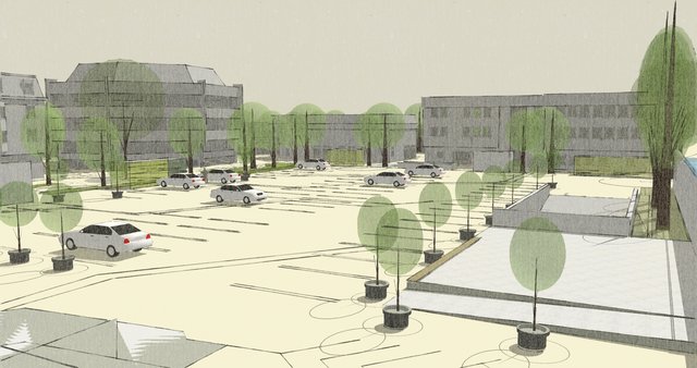 Parkplatz, Festplatz, Kulturspielstätte: Der „Platz für alle“ am Oberasbacher Rathaus (li.) soll vielseitig einsetzbar sein. Rechts ist die kleine Holzbühne und die Tiefgarageneinfahrt erkennbar. Die mobilen Bäume können jederzeit verschoben werden.