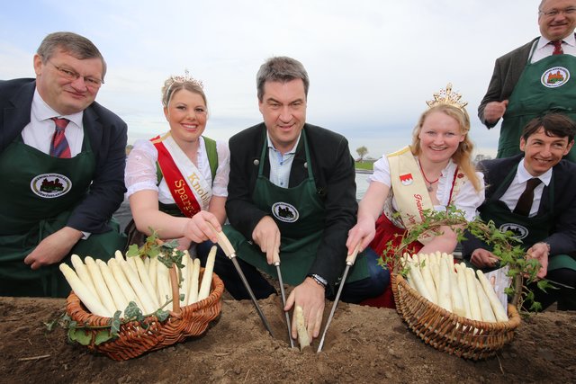 Beim Spargelanstich (v.l.): Landtagsabgeordneter Michael Brückner, Veronika Höffler (Knoblauchsländer Spargelprinzessin), der bayerische Finanz- und Heimatminister Dr. Markus Söder, Anna Hennicke (Fränkische Spargelönigin) und Peter Höfler (1.Vorsitzender Gemüseerzeugerverband) sowie Horst Krehn (Landwirtschaftlicher Direktor Amt für Ernährung, Landwirtschaft und Forsten Fürth. | Foto: bayernpress