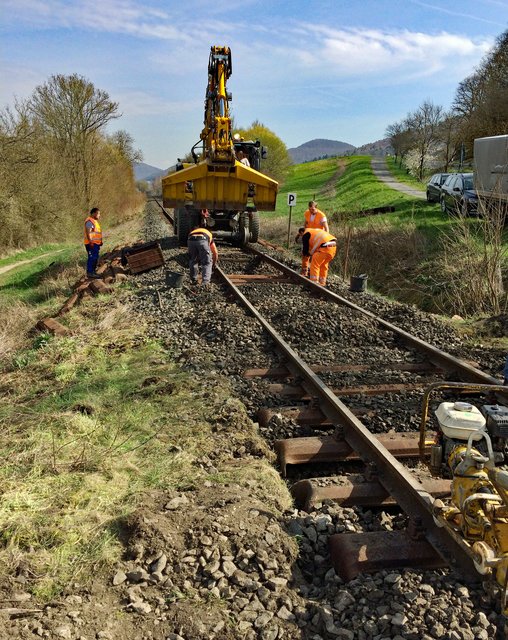 Die Profis der beauftragten Gleisbaufirma nutzten einen leistungsfähigen Zweiwegebagger für den Ausbau der alten Holzschwellen und Einbau der Stahlschwellen. | Foto: Michael Schuster