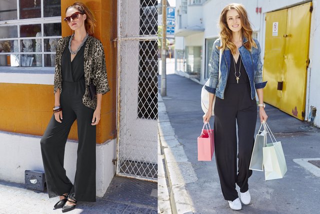 Ein schwarzer Overall ist das perfekte Basic für Hosenliebhaberinnen. Ob mit Leo-Kimono und auffälligem Schmuck zum Ausgehen oder ganz leger mit Jeansjacke und Sneakers. | Foto: djd/Baur