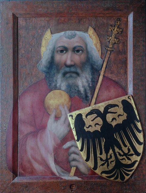 Hl. Karl der Große , Tempera auf Gold,  Meister Theoderich (nachweisbar 1359 bis 1368)  Prag, 1360-64  Burg Karlstein (Karlštejn), Heilig-Kreuz-Kapelle . | Foto: Radovan Boček