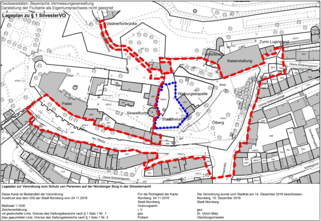 Das Mitführ- und Abbrennverbot umfasst folgenden Bereich: Vestnertorbrücke, Stadt- und Landfreiung, Platz an der Kaiserstallung, Ölberg, Burgstraße ab Schildgasse und die Straße Am Ölberg. | Foto: Stadt Nürnberg