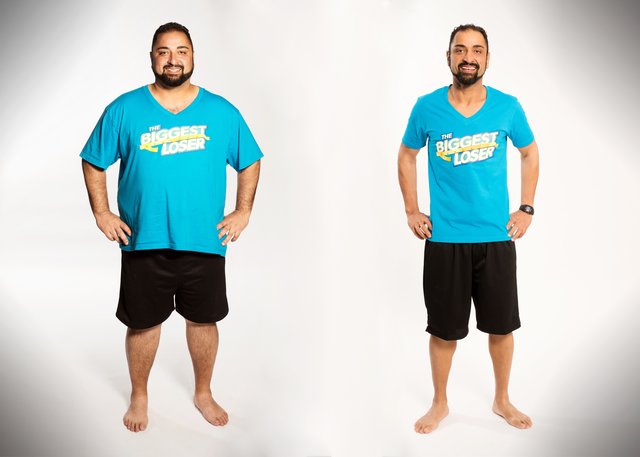Gewinner Ali mit einem Vorher-Nacherbild. Jetzt kehrt er zu ,,The Biggest Loser"  – immer sonntags, um 17.45 Uhr in SAT.1 zurück. | Foto: (c)SAT.1/Martin Rottenkolber