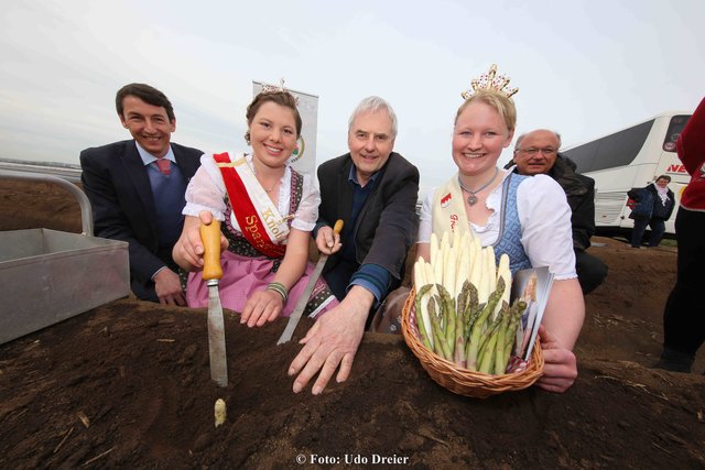 BBV-Kreisobmann Peter Höfler, Spargelpinzessin Veronika Höfler, Dr. Peter Pluschke,  Spargelkönigin Anna Hennicke und Landwirtschaftsdirektor Horst Krehn beim Spargelstechen (v.l.). | Foto: Udo Dreier