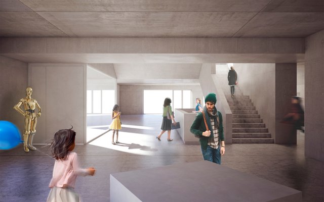Der kultige Goldjunge C-3PO begrüßt die Besucher im Innern. Visualisierung: © Staab Architekten