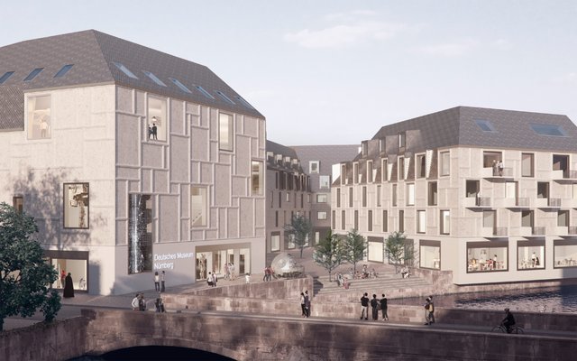 5550 Quadratmeter, innen fünf Ebenen, außen mit Treppen hinab zur Pegnitz: So wird das neue Deutsche Museum Nürnberg sich zeigen. Visualisierung: © Staab Architekten