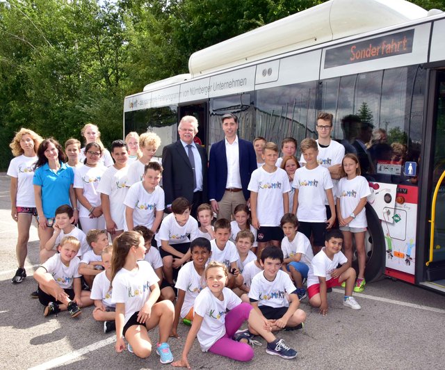 Karl-Heinz-Pöverlein und Dr. Markus Richert umringt von den Kindern des Sport-Camps.
