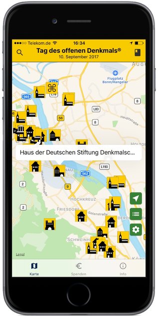 Sowohl für IOS als auch für Android gibt es die Denkmaltag-App zum kostenlosen Herunterladen.  Hier haben Sie stets das vollständige Programm zum Tag des offenen Denkmals dabei - mit Standortbestimmung, Suchfunktion, Merkzettel, Filter und allen Details zu geöffneten Denkmalen. Voraussetzung ist natürlich eine Verbindung zum Internet. | Foto: Deutsche Stiftung Denkmalschutz, Bonn