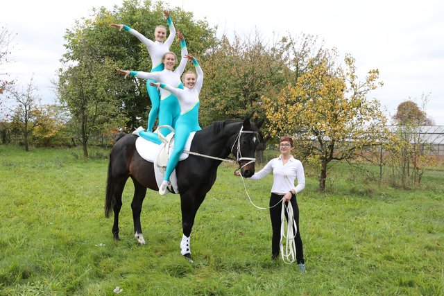 Voltigiergemeinschaft Büchenbach (Sophia Wenzel, Amalie Klebert, Amelie Tintschl, an der Longe Christine Ganswindt) mit dem elfjährigen Rheinländer Florian. | Foto: Udo Dreier