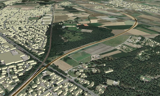 Der von der Bahn favorisierte S-Bahn-Verschwenk wäre mitten durchs Knob­lauchsland (rechte Trasse) gegangen. Links sieht man die Bestandsstrecke z der nun parallel die neuen S-Bahngleise verlaufen sollen. | Foto: (Stadtplanungsamt Fürth)