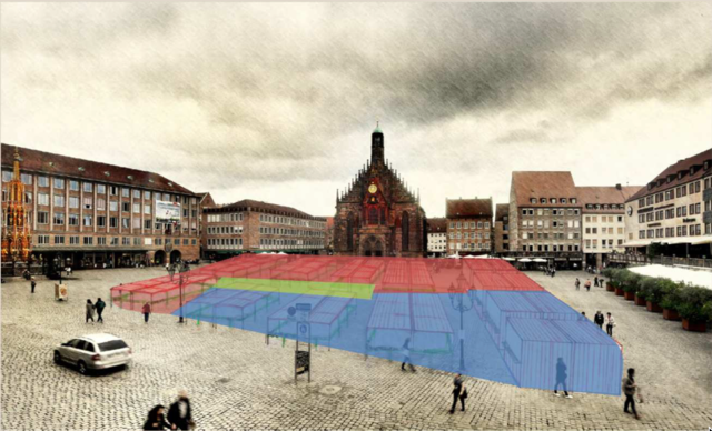 Künftig soll es verschiedene Marktbereiche geben: einen festen Bereich (rot, Stände, die jeden Tag da sind), einen variablen Teil (blau, Stände, die nur an bestimmten Tagen teilnehmen) und (grün) einen Aufenthaltsbereich, wo man sich auch mal hinsetzen kann.