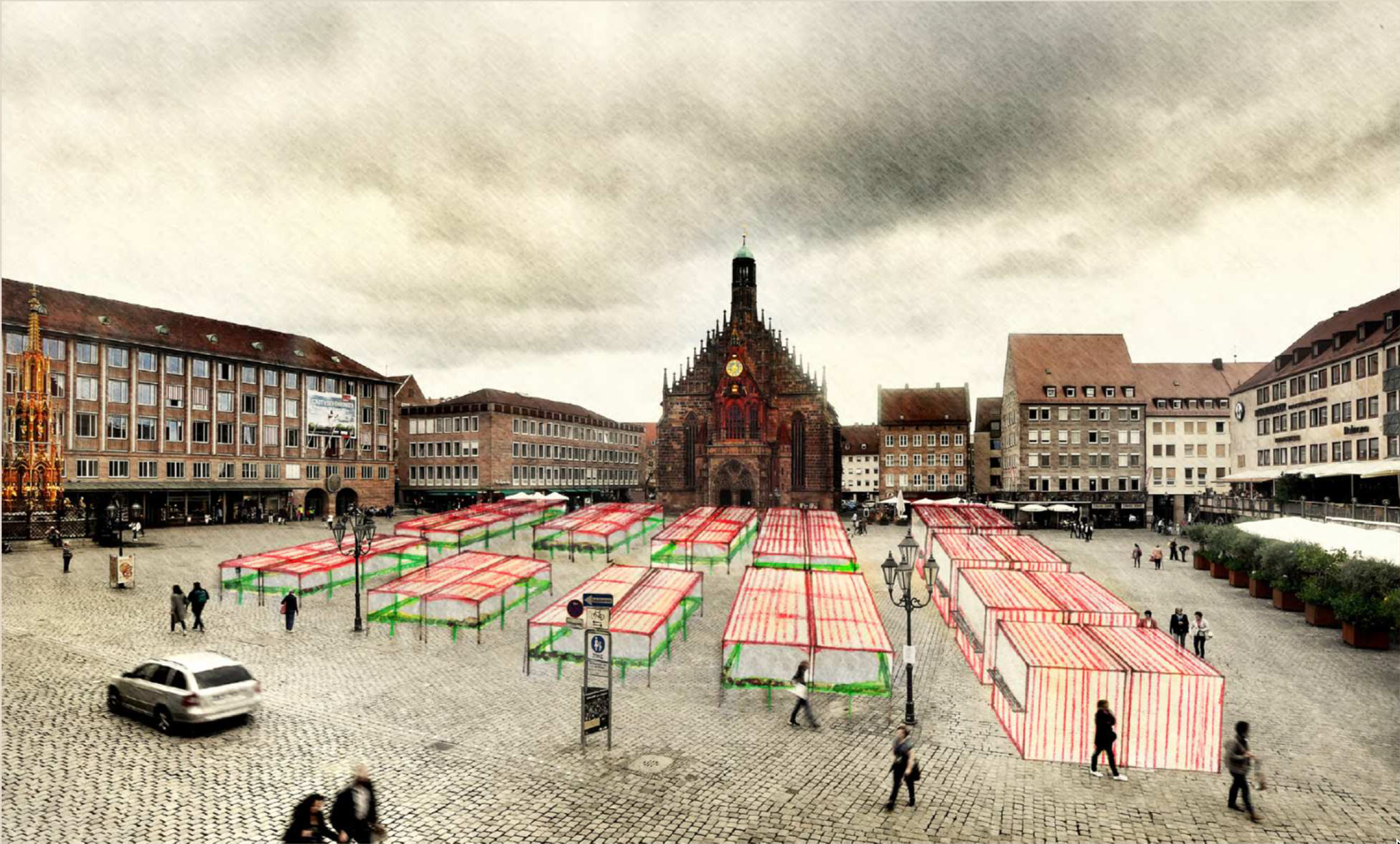 Ein wichtiger Punkt ist die neue Platzstruktur (Bild). Bislang macht der Markt (beispielsweise in der kühleren Jahreszeit) einen zerklüfteten, lückenhaften Eindruck. Hintergrund ist, dass jeder Stand seinen festen Standplatz hat, um die Wiederauffindbarkeit zu gewährleisten.