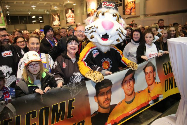 Rund 700 Fans der Nürnberger Ice Tigers feierten die Ankunft der drei Silbermedaillengewinner Patrick Reimer, Yasin Ehliz und Leo Pföderl, die mit der Deutschen Olympia Eishockeymannschaft in Pyeongchang einen historischen zweiten Platz im Eishockey belegten. | Foto: Jürgen Friedrich