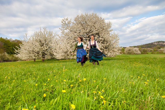 Rosalie in der modernen Tracht der Fränkischen Schweiz vor blühenden Kirschbäumen am Walberla.