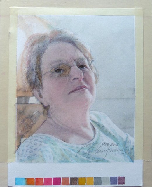 Aquarell einer mitleidenden Patientin im Krankenhaus, Gunter Kaufmann