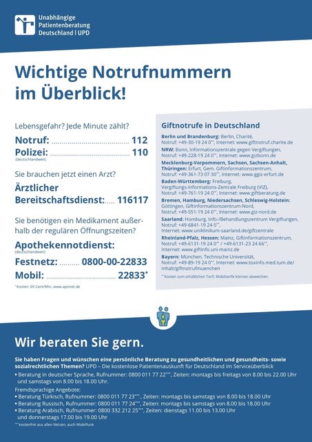 Wichtige Notfallnummer auf einen Blick.